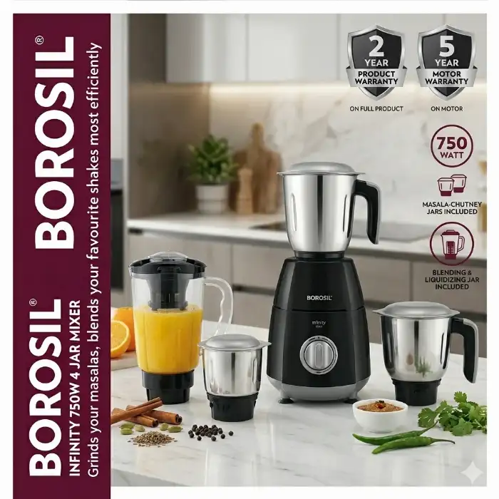 Borosil Infinity 750W Mixer Grinder with 4 Jars (Cosmic Black/Silver)